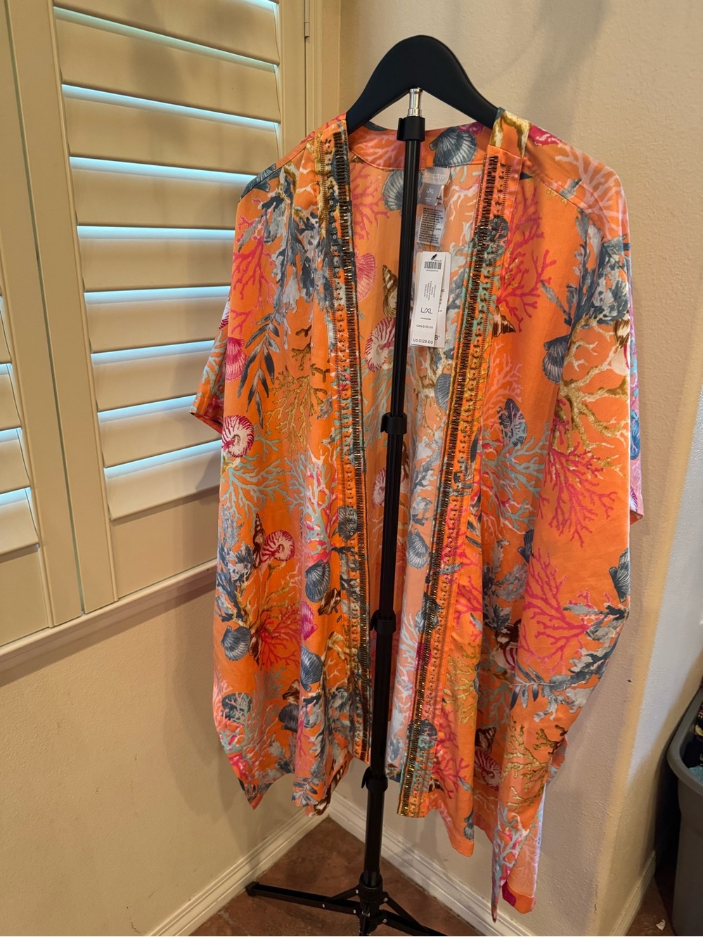 Chico's Orange Floral Coral-Print Open Kimono